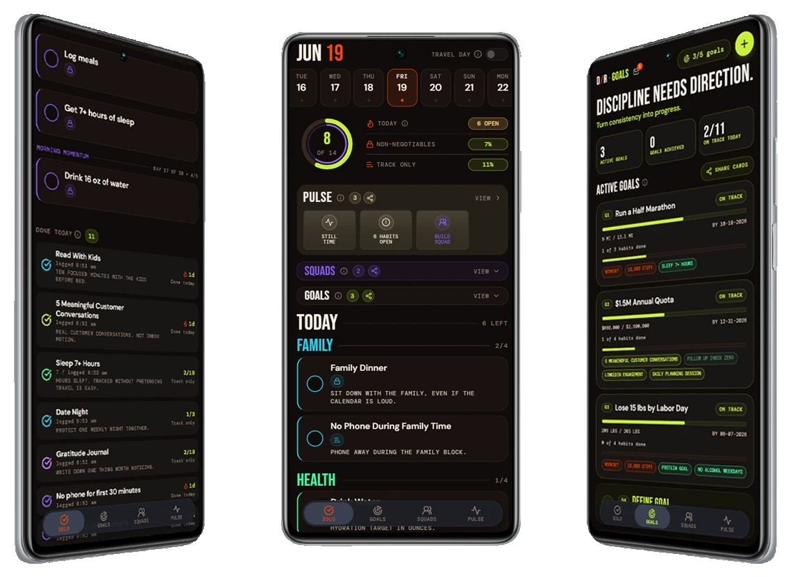 Three D/R mobile app views showing open habits, completed habits, and active goals