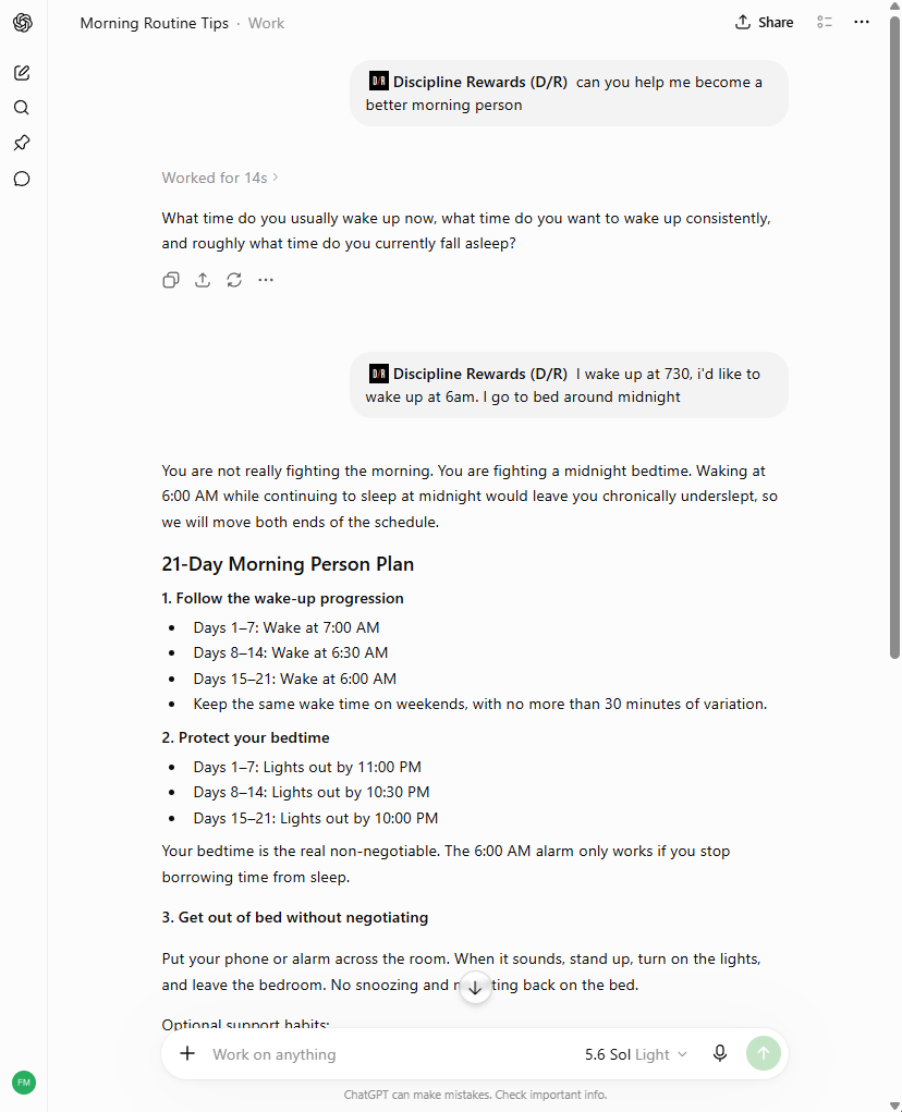 ChatGPT conversation creating a personalized 21-day morning routine plan