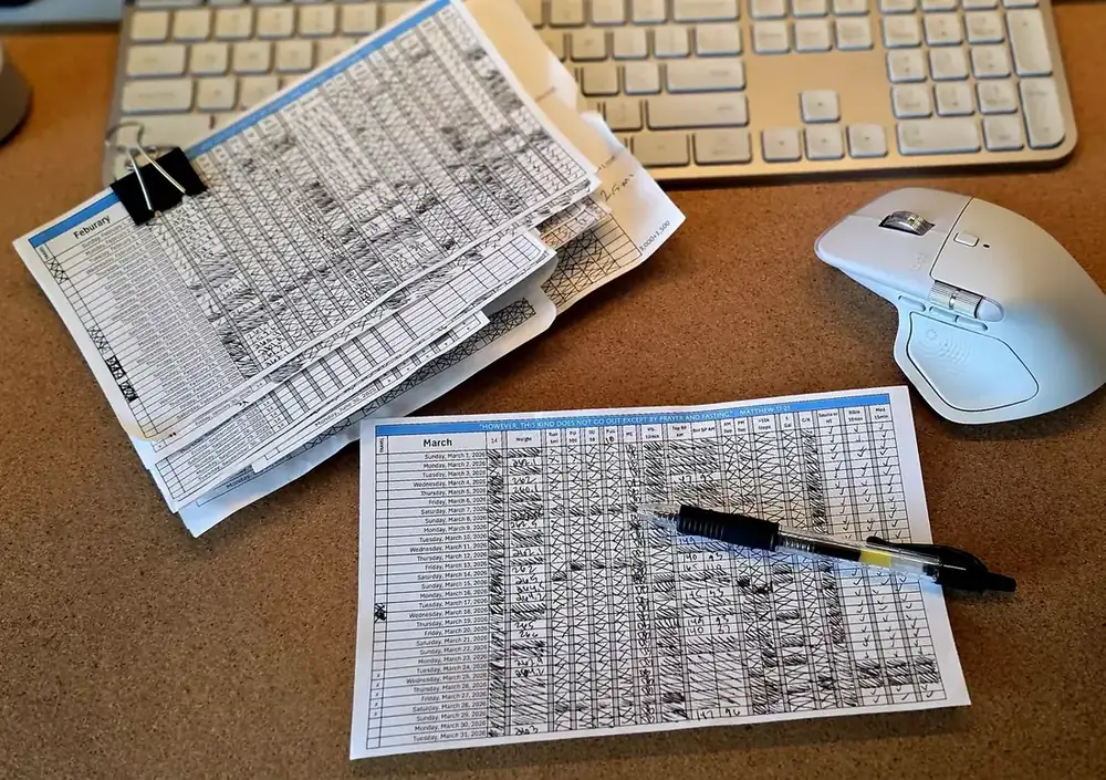 Hand-marked D/R paper trackers showing months of daily commitments