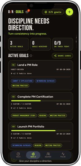 D/R Goals screen showing active goals, progress, target dates, and linked habits