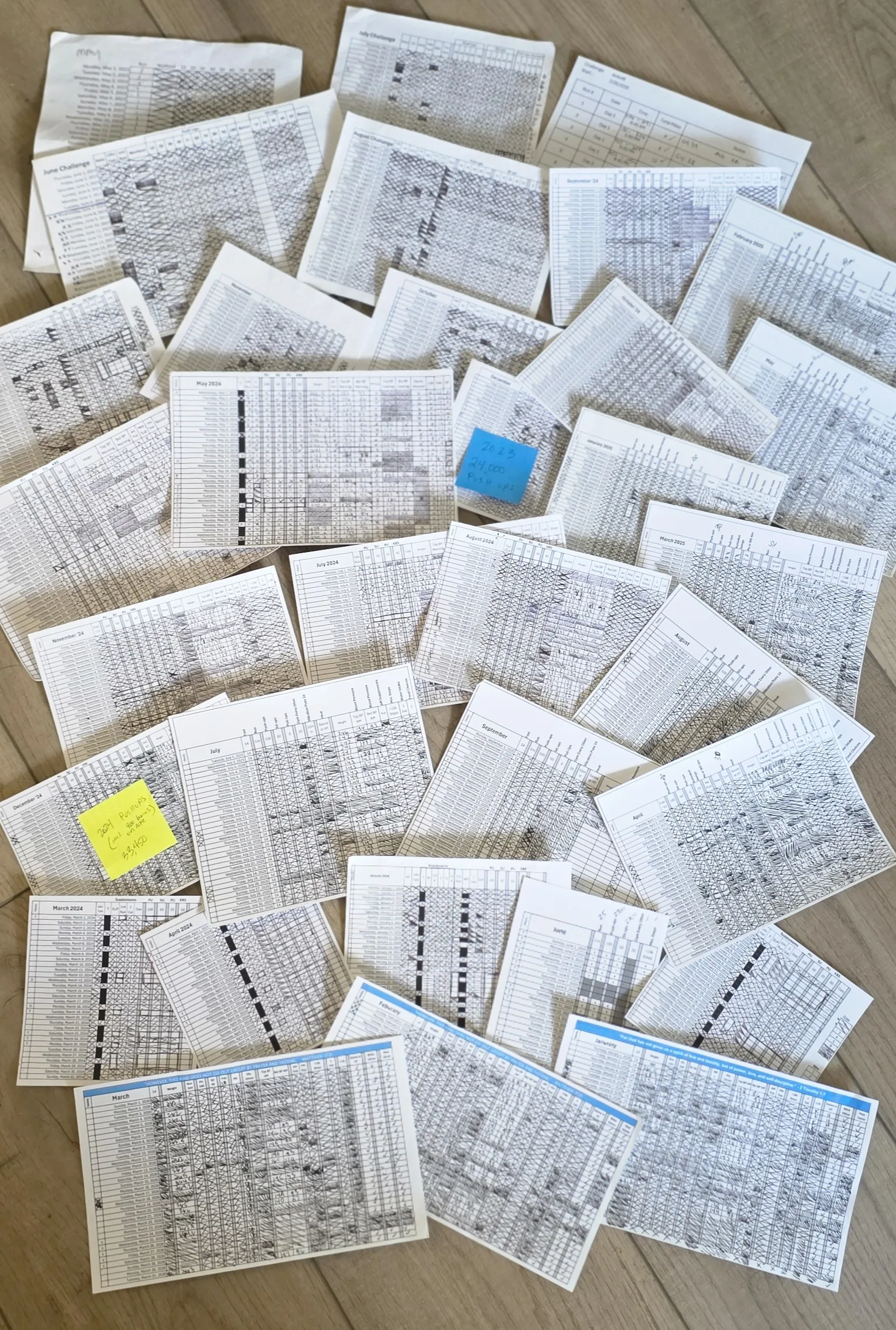 Years of hand-marked paper trackers documenting daily commitments
