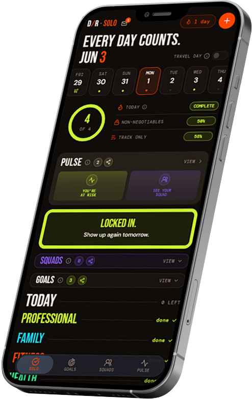 D/R mobile app showing daily commitments and streak progress